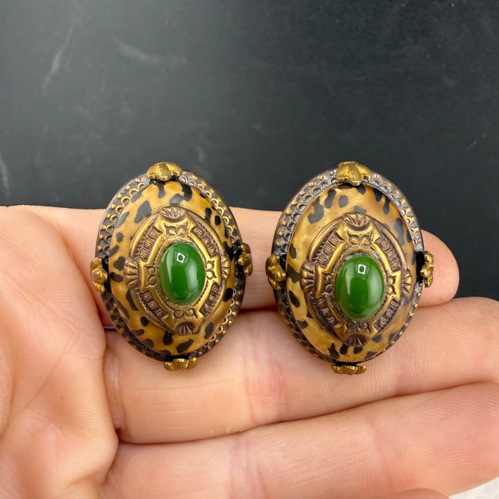 Vintage Estate Clip On Earrings Leopard Print Etruscan Revival Gold Tone